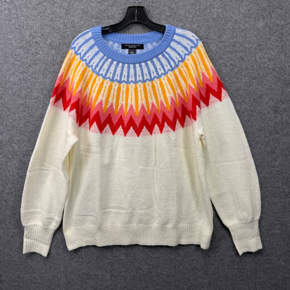 French Connection Essentials Women Fair Isle Sweater Ivory Multi Wool Blend XL
